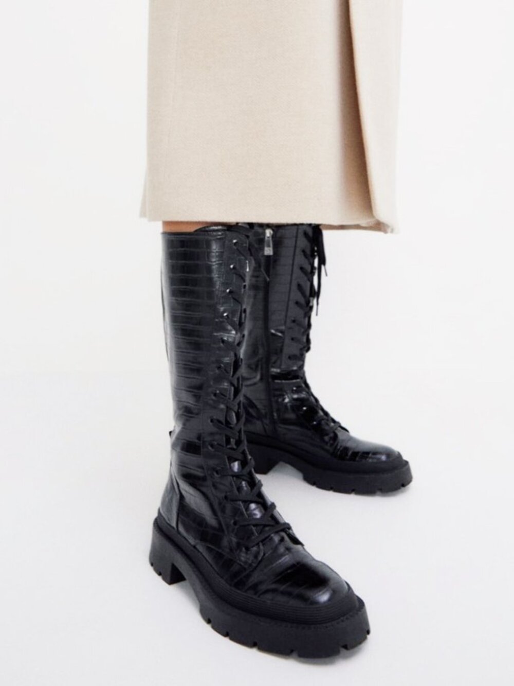Women’s Black Croc-Embossed Lace-Up Knee Boots